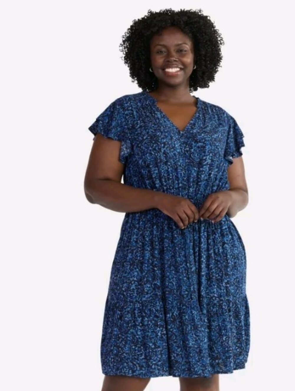Terra & Sky Sz 3X Blue and Light Blue V-Neck Tiered Dress With Flutter Sleeves